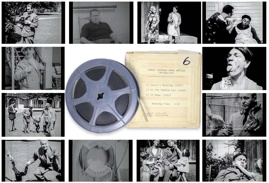 16mm Film Reel Labeled ''Three Stooges Home Movies'' -- Fantastic Content of Curly's Wedding, on the Queen Mary & at Dublin Zoo -- Run-Time Approx. 3:20 Minutes, Clip Online at NateDSanders.com